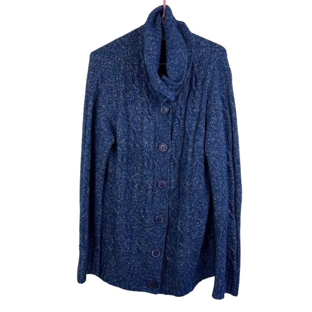 L. L. Bean blue heathered wool cowl neck button up cardigan cable sweater XL